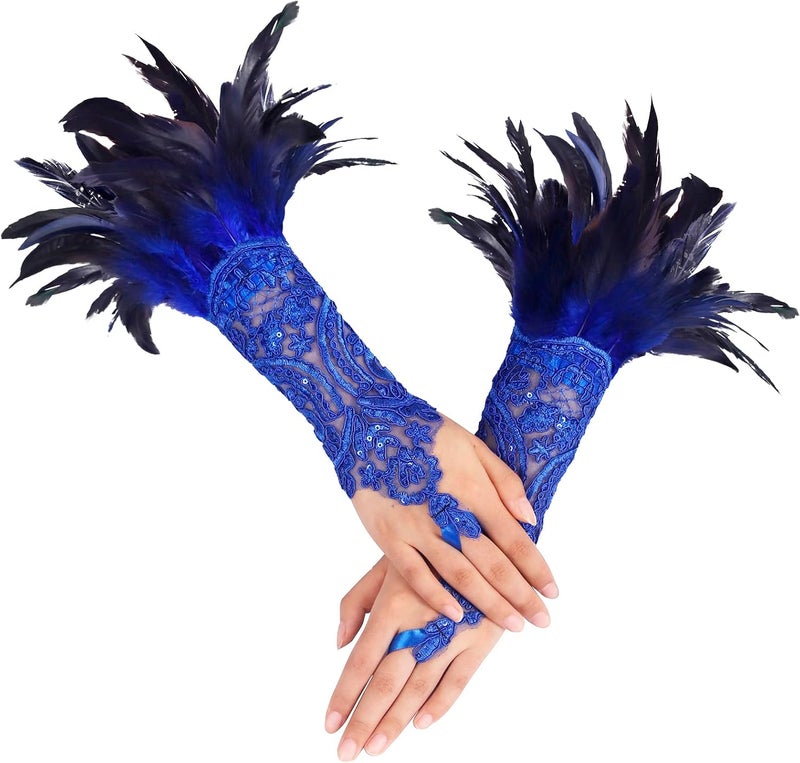 UQJE 2PCS Women's Lace Feather Long Gloves Gothic Mesh Cuff Wedding Halloween Party - Image 2